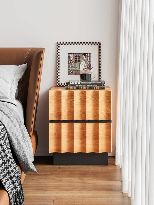 Modern Wave Pattern Solid Wood Nightstand – Two-Drawer Bedside Table with Black Accents, Contemporary Storage Cabinet for Bedroom and Living Room