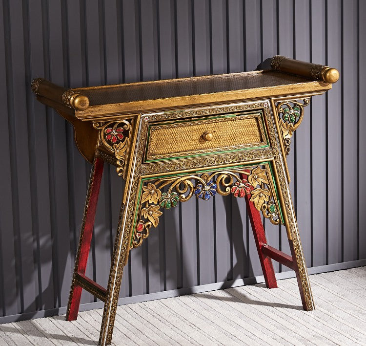 Thai Carved Wood Console Table with Ornate Golden Details, Southeast Asian Style Entryway Table with Gemstone Accents, Traditional Buddhist Altar Table,