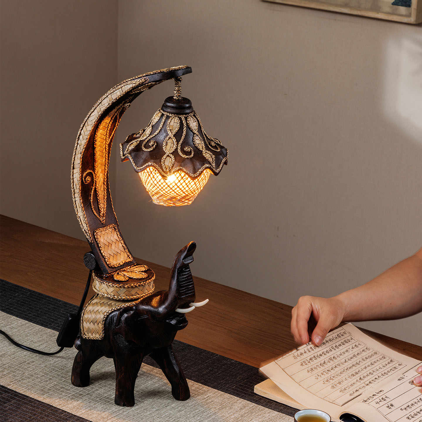 Thai Handcrafted Wooden Elephant Table Lamp, Southeast Asian Zen Style Desk Light with Rattan Shade & Basket Storage