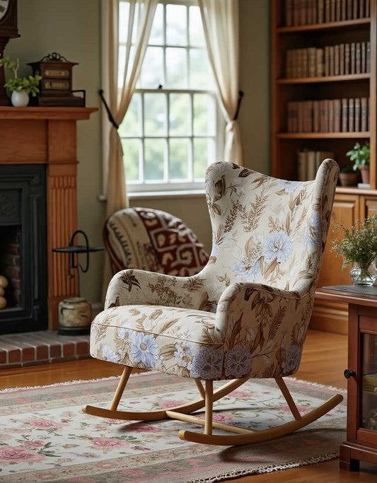 Vintage Designer Solid Wood Floral Rocking Chair – Retro Lounge Armchair for Living Room, Bedroom and Leisure Space