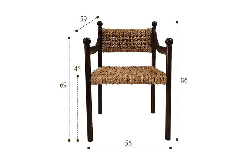 Vintage Solid Wood Rattan Dining Armchair, Black Frame Mid-Century Weaving Seat for Home and Bistros