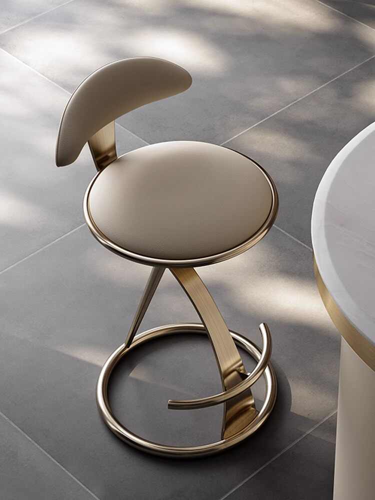 Modern Minimalist Genuine Leather Luxury Bar Stool, Designer Stainless Steel High Stool, Brushed Titanium Gold Finish