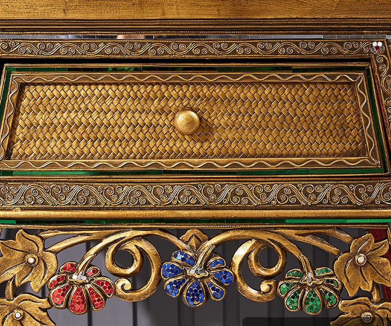 Thai Carved Wood Console Table with Ornate Golden Details, Southeast Asian Style Entryway Table with Gemstone Accents, Traditional Buddhist Altar Table,