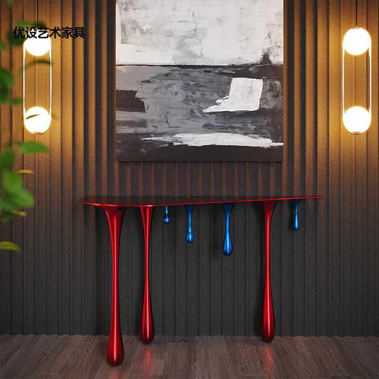 Designer Fiberglass Sculptural Console Table with Electroplated Finish – Red & Blue Liquid Drop Art Furniture for Modern Entryway