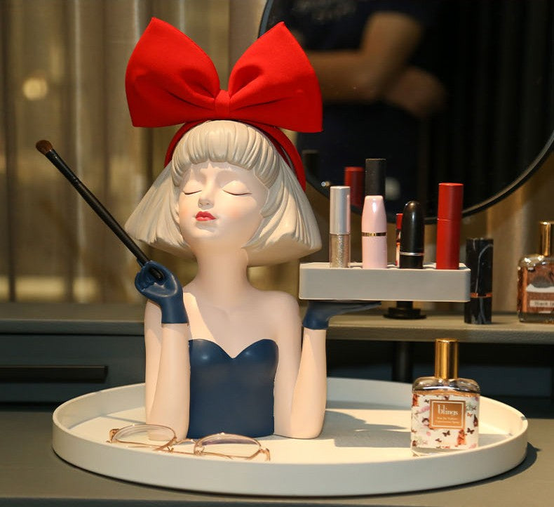 Luxury Girl Figurine Makeup Organizer with Red Bow, Decorative Cosmetic Tray Display for Lipsticks, Perfume, and Vanity Storage, Bedroom Dresser Decor
