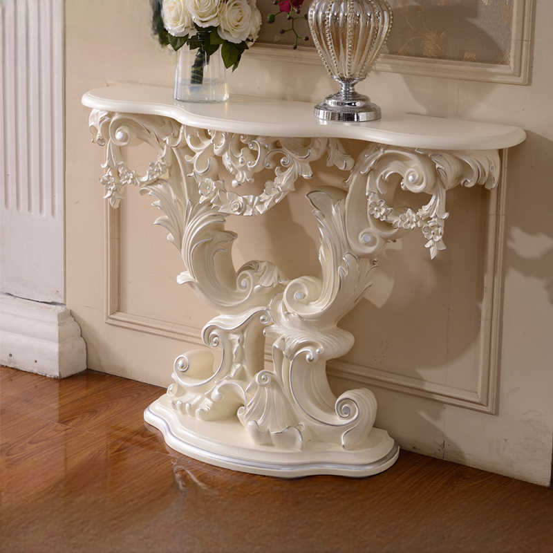 Ivory White Console Table – Ornate Hand-Carved Entryway Commode, Classic Half-Round Corridor Accent Table