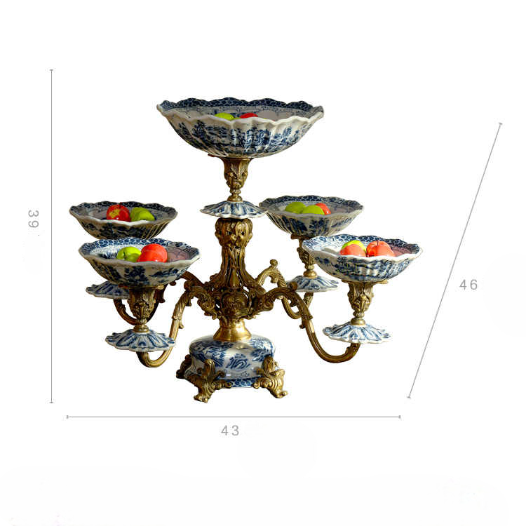 Multi-Tier Porcelain and Brass Fruit Bowl Centerpiece – Luxury Decorative Multi-Dish Stand for Living Room, Villa, Buffet, and Holiday Display