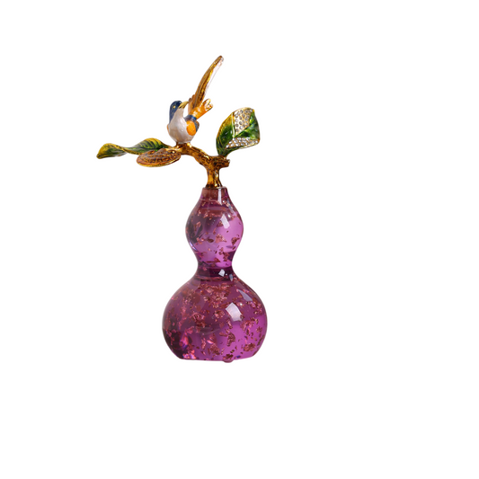 Purple Glass Gourd Bird Figurine with Enameled Leaves, Table Decor