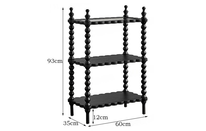 Vintage Cookie Solid Wood 3-Tier Side Shelf, Siam Black Large Edition – Scallop Edge Bookcase for Living Room/Entryway