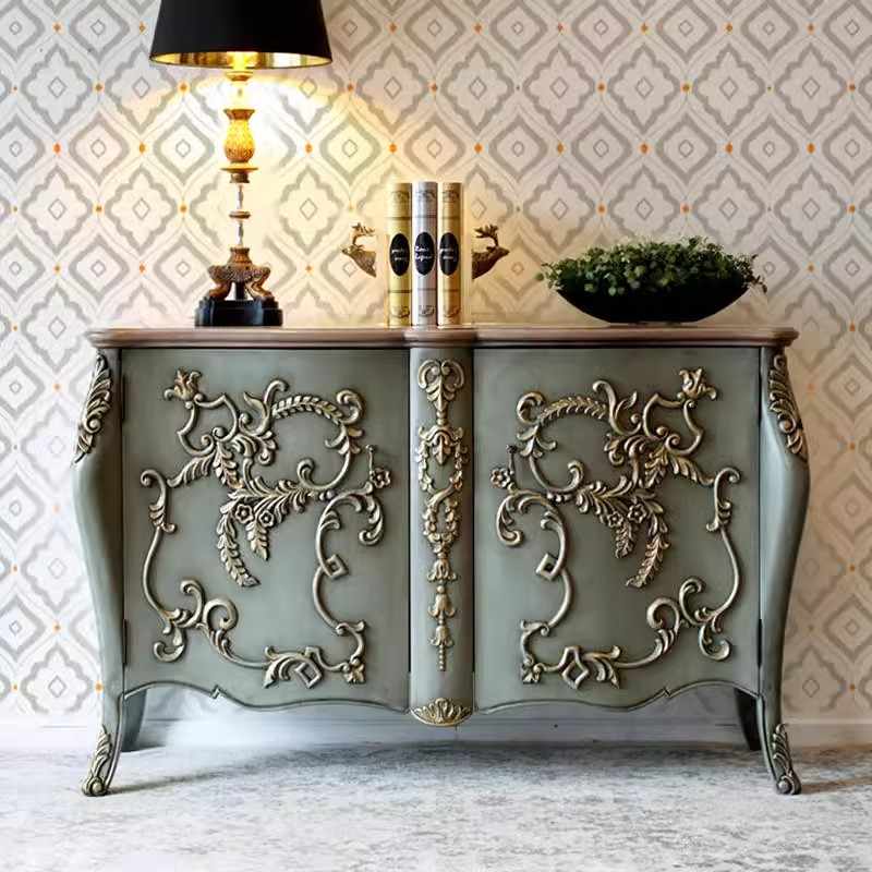French Provincial Ornate Sideboard with Hand-Carved Relief Details, Vintage Gray-Green Console Cabinet with Curved Legs, Neoclassical Storage Buffet