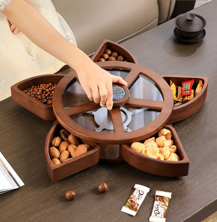 Premium Wooden Rotating Compartment Snack Tray with Glass Dividers, Luxury Dry Fruit & Nut Serving Bowl