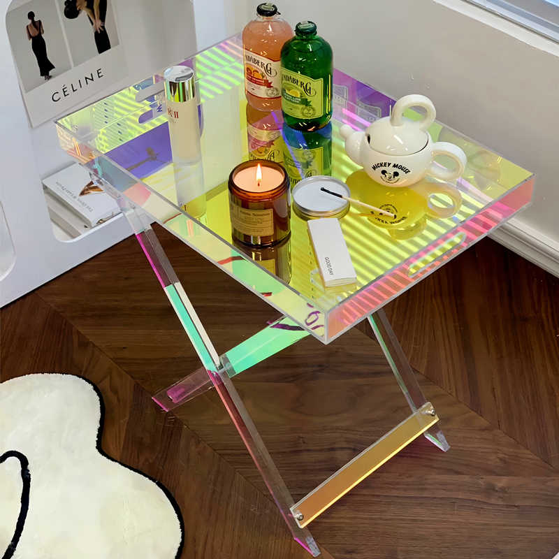 Iridescent Acrylic Folding Tray Table – Modern Multifunctional Bedside Coffee Side Table, Space-Saving Compact Art Deco End Table for Bedroom Living Room, Portable Storage Shelf