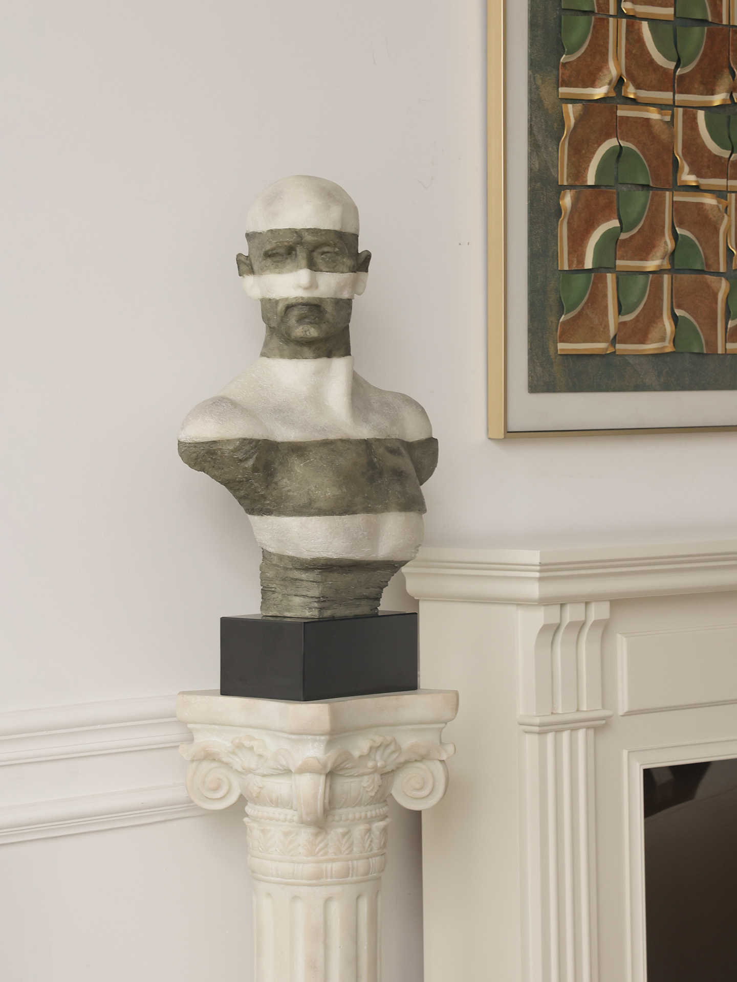 Designer Vintage Half-Body Bust Sculpture, Artistic Statement Pedestal for Entryway, Living Room, or Hotel