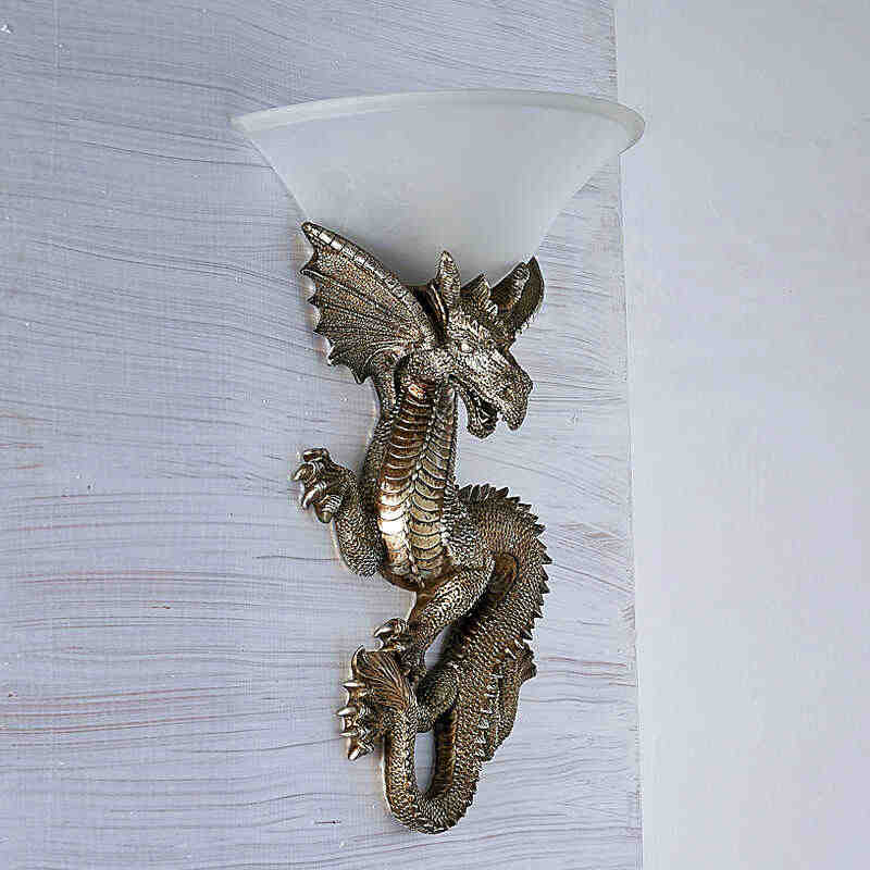 Game of Thrones Dragon Wall Sconce—Antique Gold, European Entryway & Living Room TV Wall Lamp