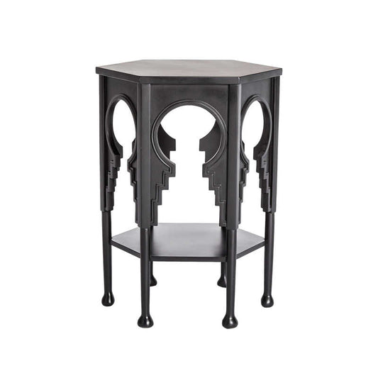 Art Deco Black Carved Solid Wood Side Table – Unique Arch Cutout Bedside Accent Table, Luxury End Table for Bedroom/Living Room