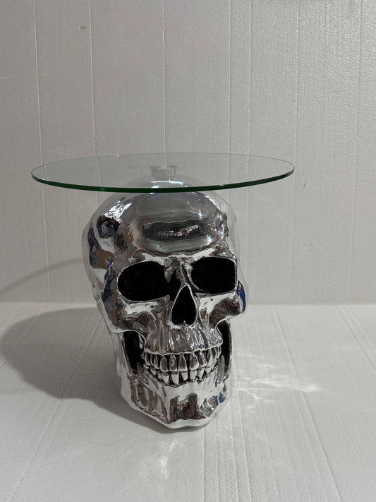 Modern Designer Skull Side Table – Creative Artistic Coffee/End Table, Chrome Resin & Glass