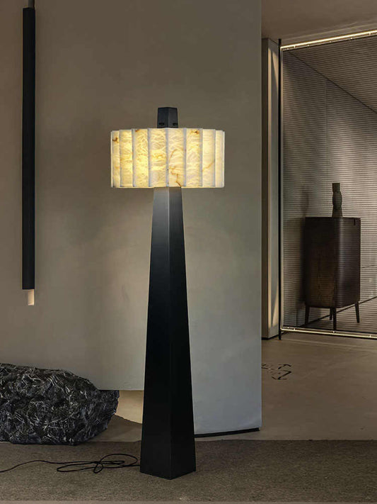 Natural Snowflake Stone & Black Brushed Stainless Steel Designer Floor Lamp, Luxury Villa/Model Room/Living Room/Study