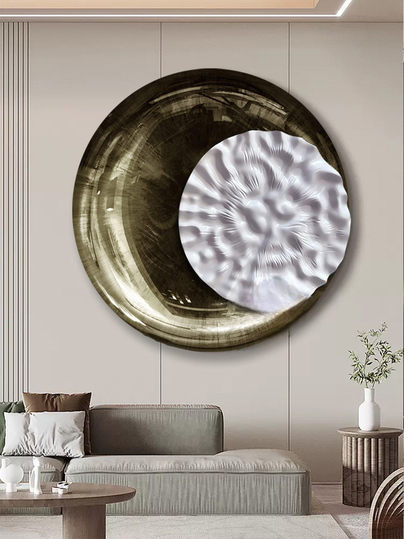 Large 3D Round Wall Art – Modern Embossed Abstract Green Oil Painting, Sandstone Relief, Minimalist Living Room, Hotel Lobby, Foyer Decor