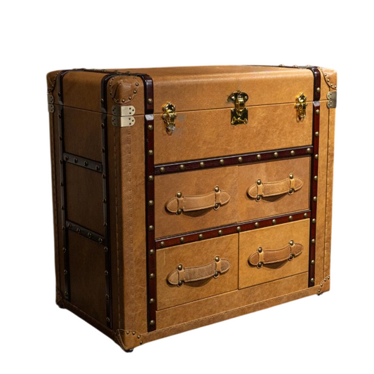 Vintage Leather Trunk Style 5-Drawer Storage Cabinet, Tan Accent Chest with Rivet Trim, Decorative Latches and Strap Handles, Retro Dresser Cabinet for Entryway, Living Room, Bedroom, Office