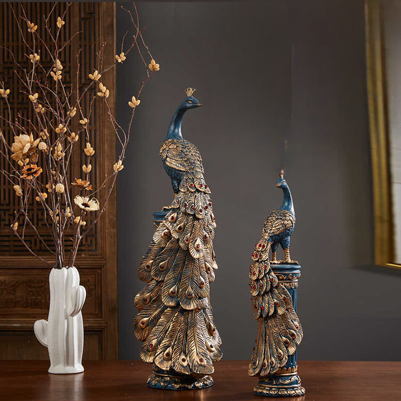 Creative Peacock Statue Set, High-End Living Room & Office Wealth Decor, Entryway Niche Art Ornaments (Tall + Short Pair)