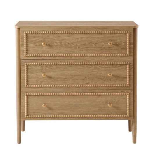 Natural Wood 3 Drawer Dresser Cabinet, French Vintage Style Solid Wood Storage Chest with Carved Bead Trim, Compact Bedroom Drawer Cabinet for Living Room, Entryway, Hallway, Closet, and Bed End Storage