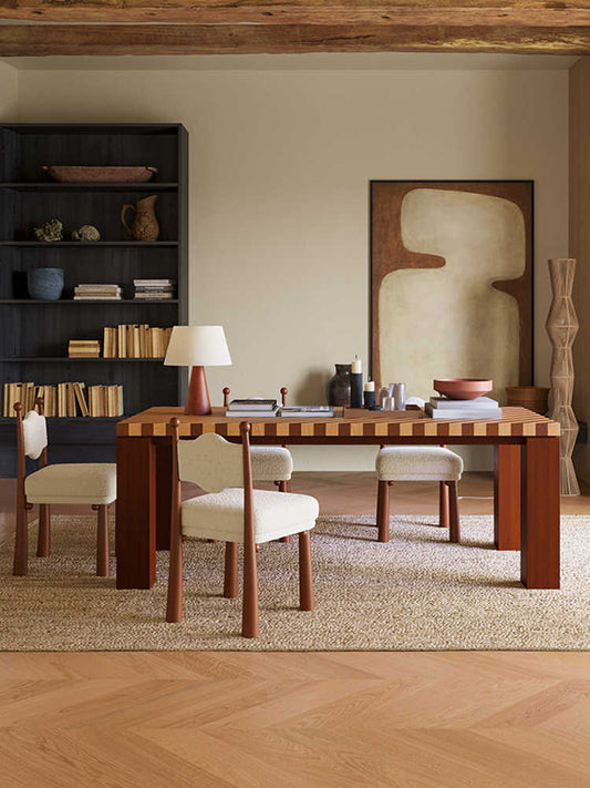 Vintage Solid Wood Dining Table Set – Designer Retro Striped Table for Small Apartment, Living Room