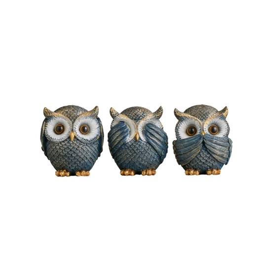 Set of 3 Blue and Gold Owl Figurines, Vintage Three Wise Owls Resin Statues with Textured Feathers for Bookshelf, Office Desk, Entryway, Living Room and Bedroom Décor