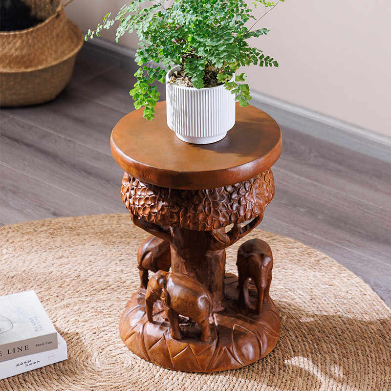 Hand-Carved Thai Solid Wood Elephant Stool, Creative Animal Accent Seat, Decorative Shoe Bench Plant Stand