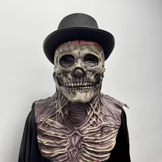 Movable Mouth Brain Skull Latex Mask with Hat – Horror Joker Jack Undead Costume for Halloween, Old Man Stage Performance