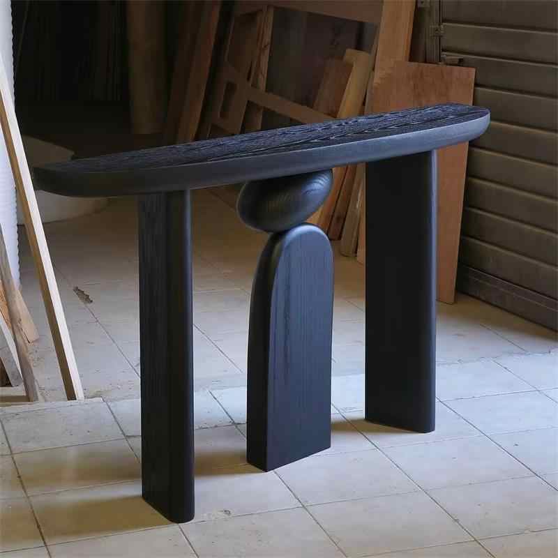 Narrow Black Ash Wood Console Table, Modern Creative Minimalist Entryway Table, Sculptural Hallway Display Desk for Small Spaces