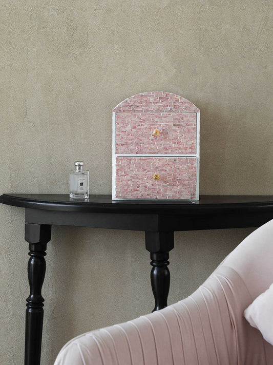 Pink Pearl Jewelry Chest, 2-Drawer Makeup Organizer Box for Vanity & Dresser, Decorative Shell Storage Cabinet