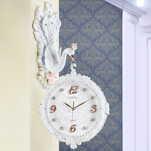 Elegant Double-Sided Peacock Wall Clock – Luxury Silent Quartz Hanging Clock for Living Room and Entryway Décor