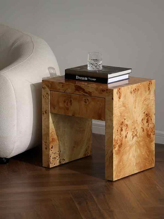 Luxury Burl Wood Nightstand with Drawer – Natural Golden Tree Grain Bedside Table, Italian Minimalist Side Table, French Style Storage Cabinet for Bedroom, Living Room