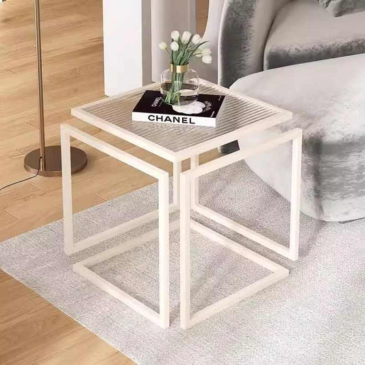 Modern Minimalist Floating Glass Side Table, Large White Metal Frame Square Accent for Living Room, Sofa, or Bedroom