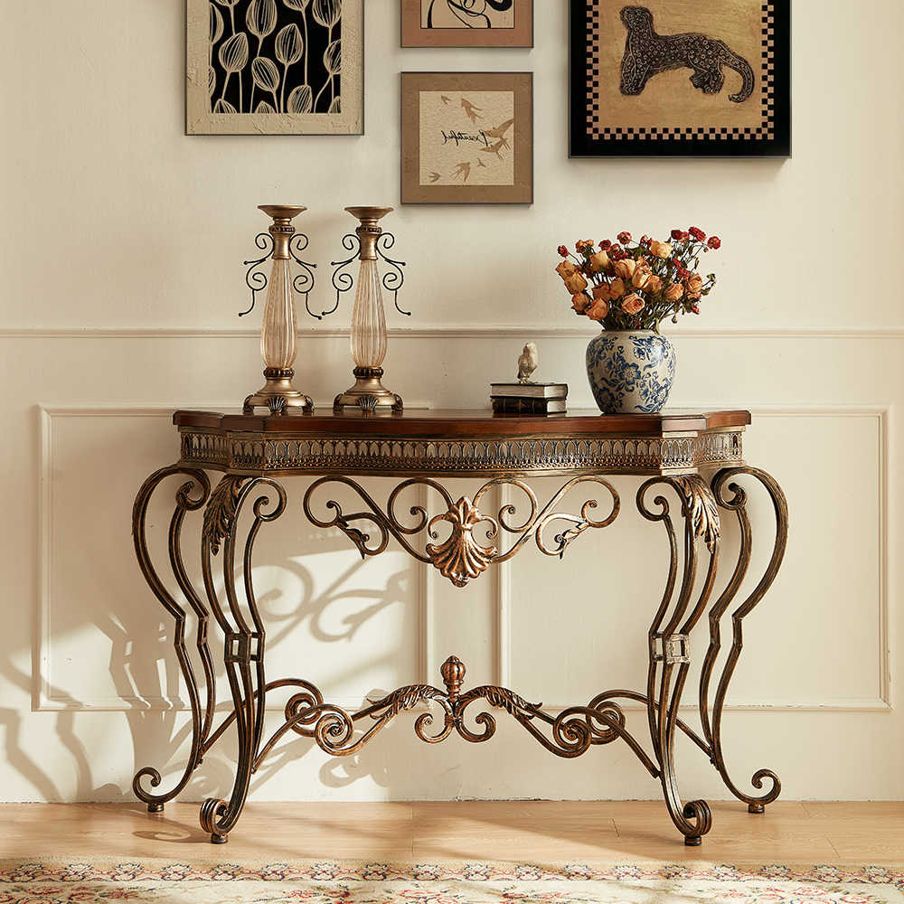 Vintage Entryway Console Table – Ornate Wrought Iron & Wood Foyer Table, Classic Half-Moon Accent