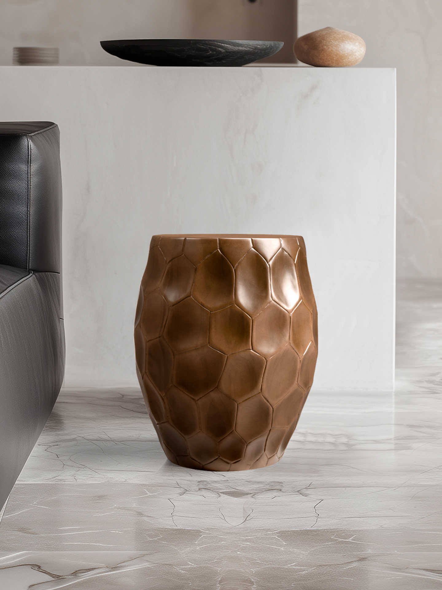 Premium Solid Wood Geometric Side Stool, Luxury Honeycomb Root-Carved Low Stool, Creative Designer Accent Ottoman