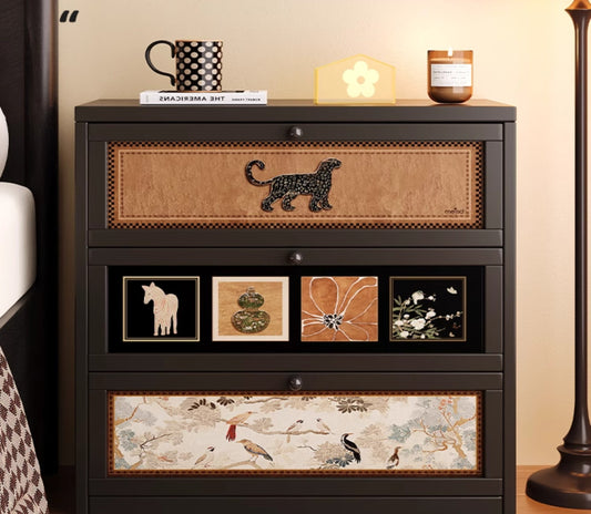 Vintage Industrial Metal Nightstand, Leopard Print 3-Drawer Steel Chest with Animal Art Panels, Retro Iron Bedside Cabinet, Formaldehyde-Free Bedroom Storage,