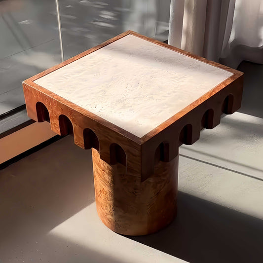 Luxury Burl Wood & Travertine Side Table, Designer Retro Vintage Coffee Accent Table for Living Room, Bedroom, or Corner