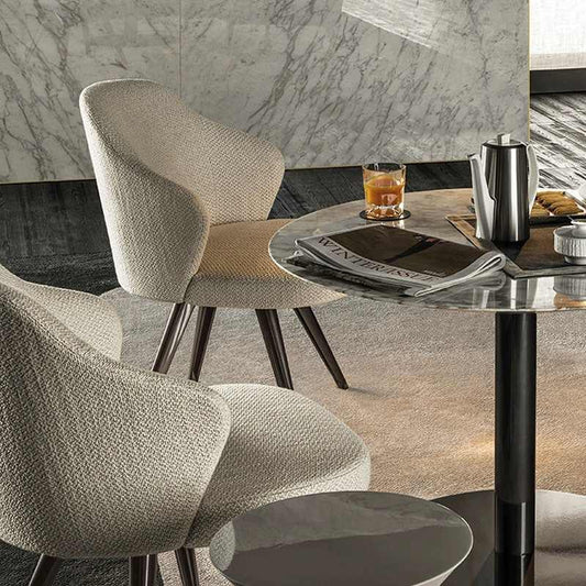 Nordic Modern Leather Dining Chair with Walnut Wood Legs, Contemporary Curved Back Restaurant Chair in Light Gray Fabric, Designer Hotel Quality Seating