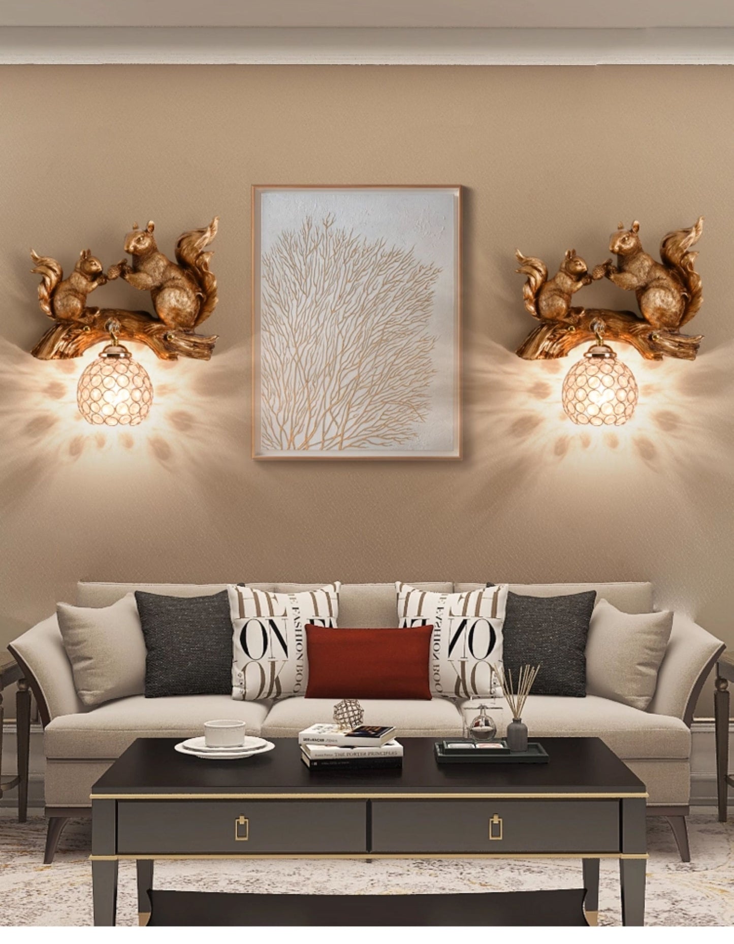 Antique Gold Squirrel Wall Sconce – Rechargeable Resin and Crystal Bedside Lamp for Kids’ Room, Nursery, and Living Spaces