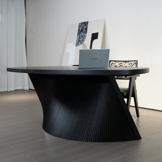 Italian Minimalist Designer Executive Desk – Modern Asymmetric Black Office Table, Luxury Home Study Workstation, Curved Wood Conference Table for Office or Home