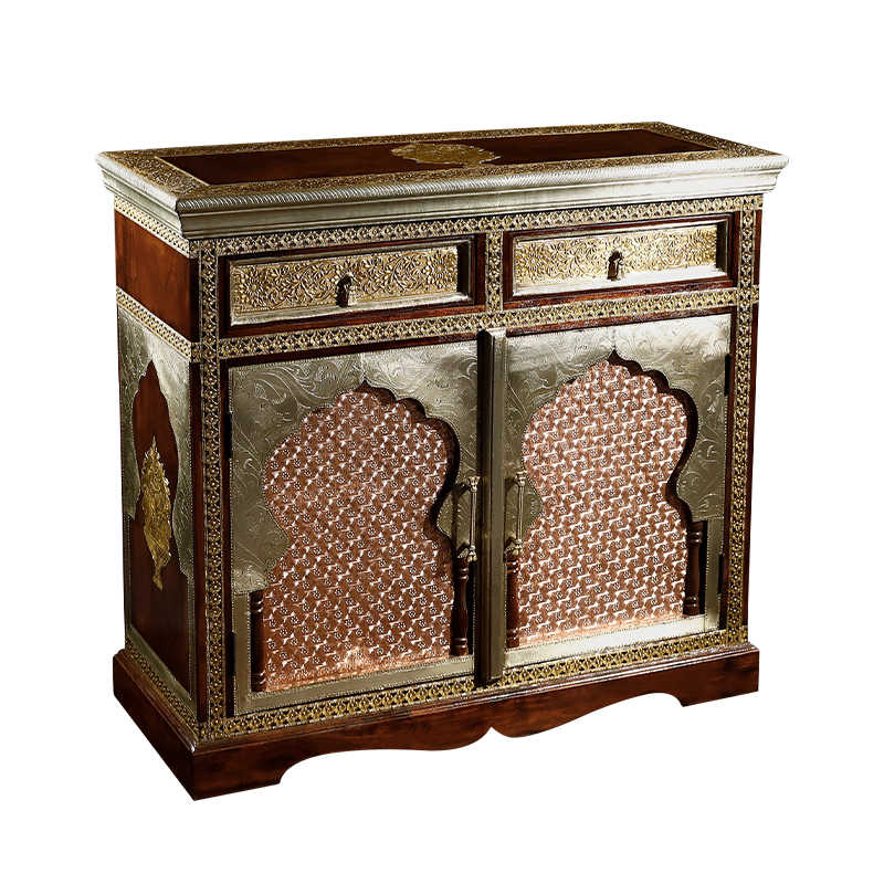 Indian Brass-Inlaid Rosewood Storage Cabinet with Moorish Arched Doors, Handcrafted Console with Intricate Metal Work & Traditional Jali Panels