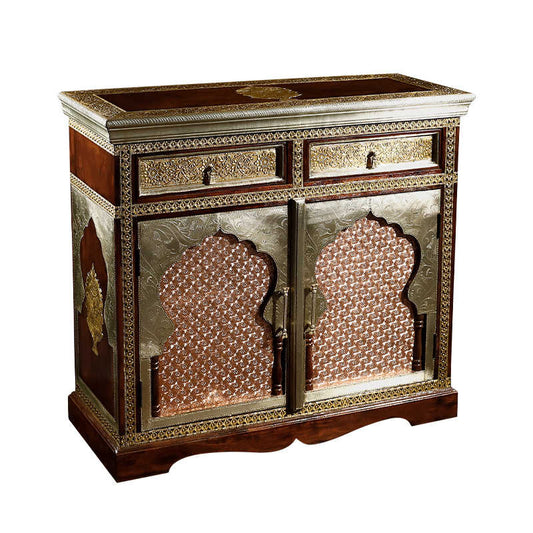Indian Brass-Inlaid Rosewood Storage Cabinet with Moorish Arched Doors, Handcrafted Console with Intricate Metal Work & Traditional Jali Panels