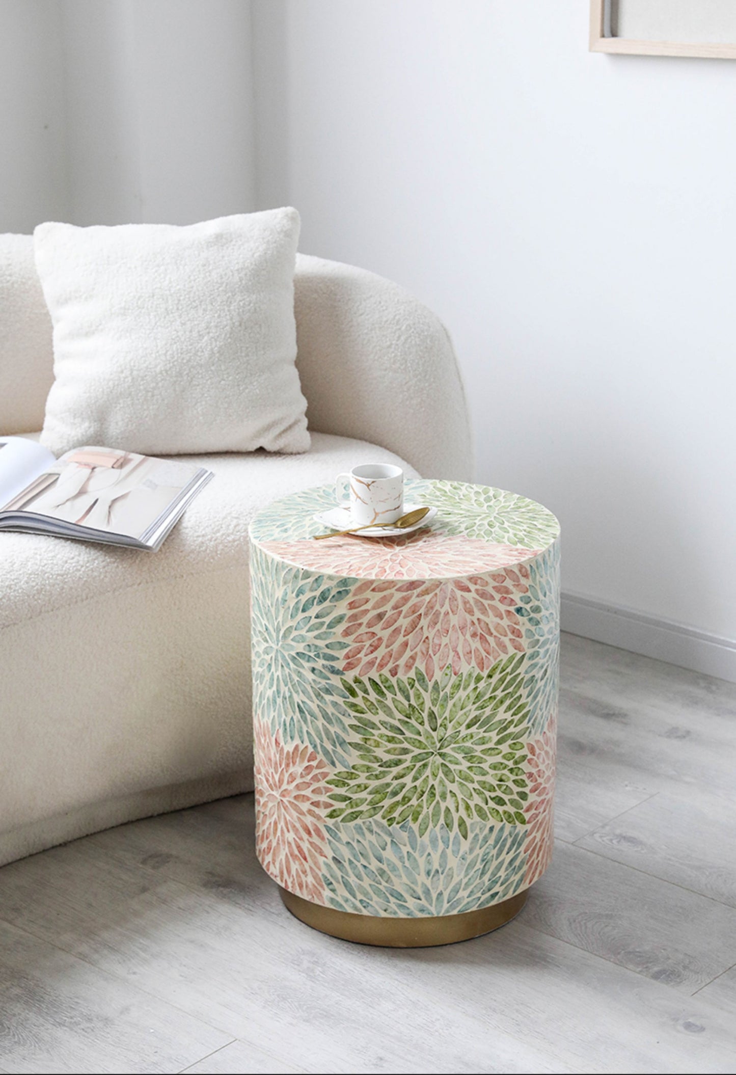 Luxury Flower Side Table, Pastel Mosaic Accent Stool for Sofa, Balcony, Bedroom & Coffee Corners