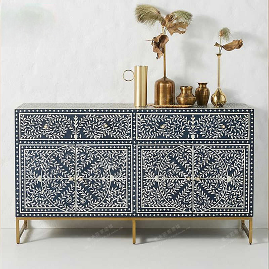 Vintage Hand-Painted Solid Wood Sideboard, Blue Bone Inlay 2-Door Storage Cabinet for Entryway or Dining Room
