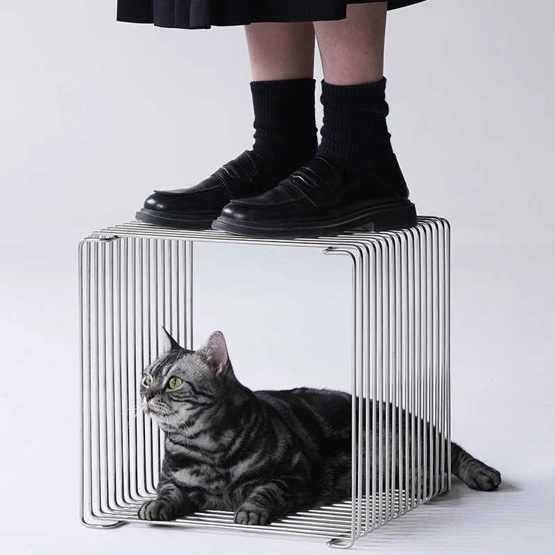 Designer Stainless Steel Wire Side Table – Modern Minimalist Metal Magazine Rack, Creative Cube Accent Table for Living Room, Bedroom, Bedside, Large Storage Shelf