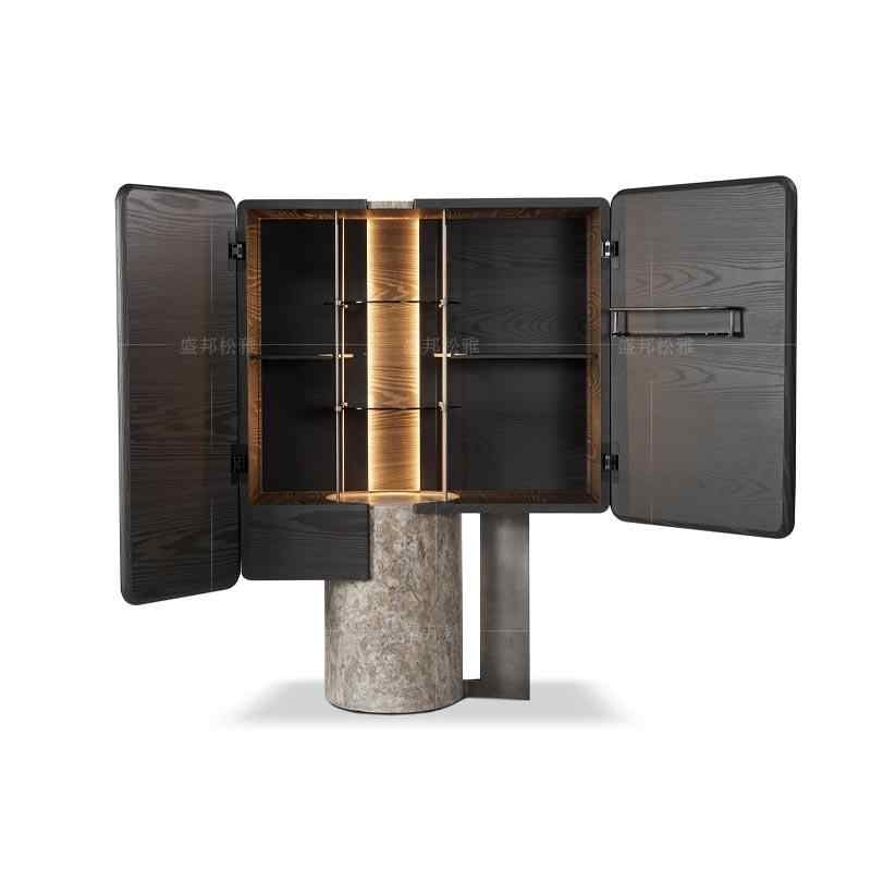 Italian Luxury Wall-Mount Bar Cabinet with Natural Marble Pedestal, Contemporary Wood Grain Storage with Brass Interior Lighting, Designer Display Cabinet
