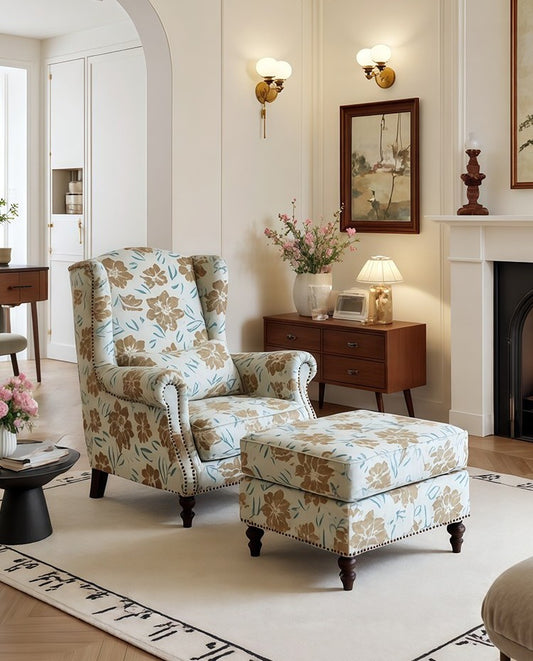 Vintage Floral High-Back Chair Set – Lounge Armchair and Ottoman, Balcony/Bedroom/Reading