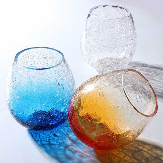 Ocean Crackle Glass Tumbler Set 360ml – Handblown Crystal Cocktail Juice Water Beer Glass, Gradient Blue/Orange/Transparent, Artistic Summer Drinkware
