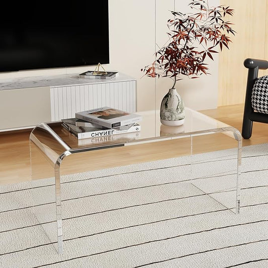 Luxury Thick Clear Acrylic Coffee Table, Modern Minimalist Waterfall Sofa Table, 20mm Thick, Fully Assembled